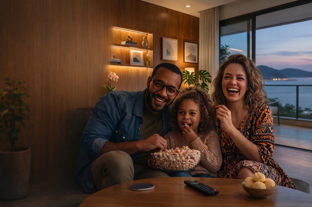 Família assistindo TV com internet fibra óptica